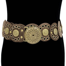 Brown Gold Wide Western Mandala Conchos Adjustable Statement Waist Belt