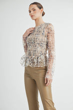 Cream Sheer Smocked Embroidered Mesh Peplum Top