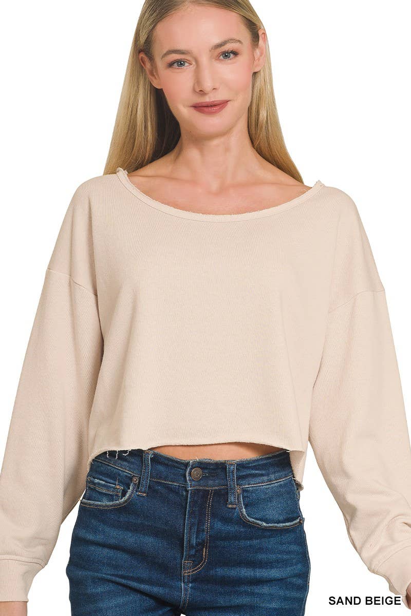 Sand Beige French Terry Boatneck Crop Top