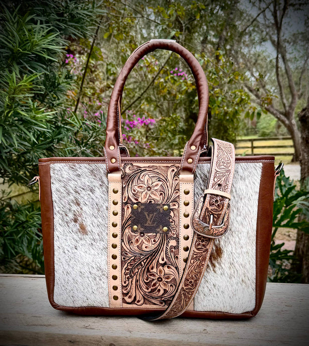 Upcycled LV Cowhide Leather Tote Crossbody Bag Western 