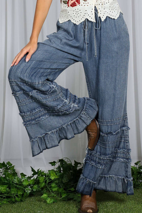 Washed Denim Flared Ruffle Hem Washed Chambray Crop Denim Pants