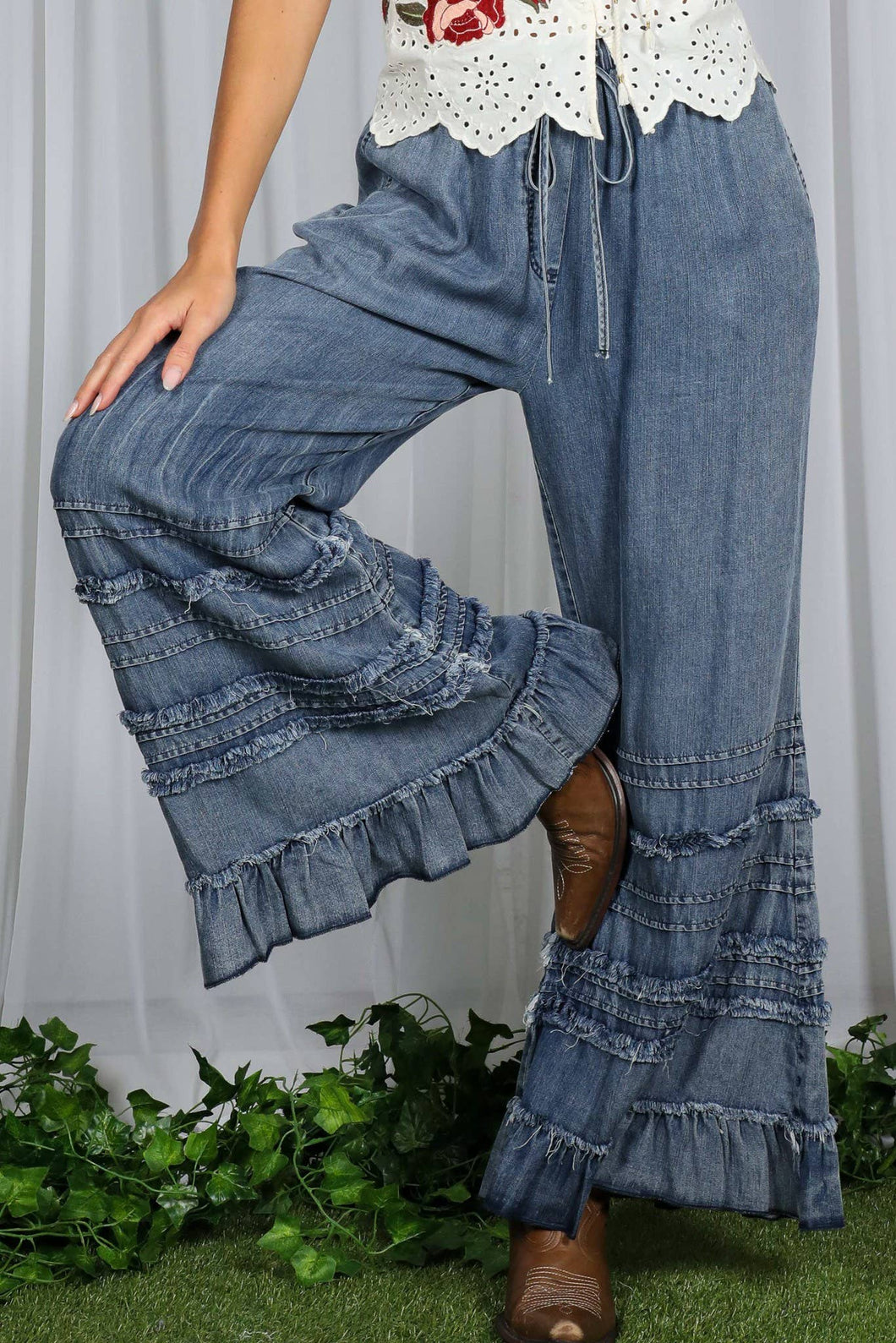 Washed Denim Flared Ruffle Hem Washed Chambray Crop Denim Pants