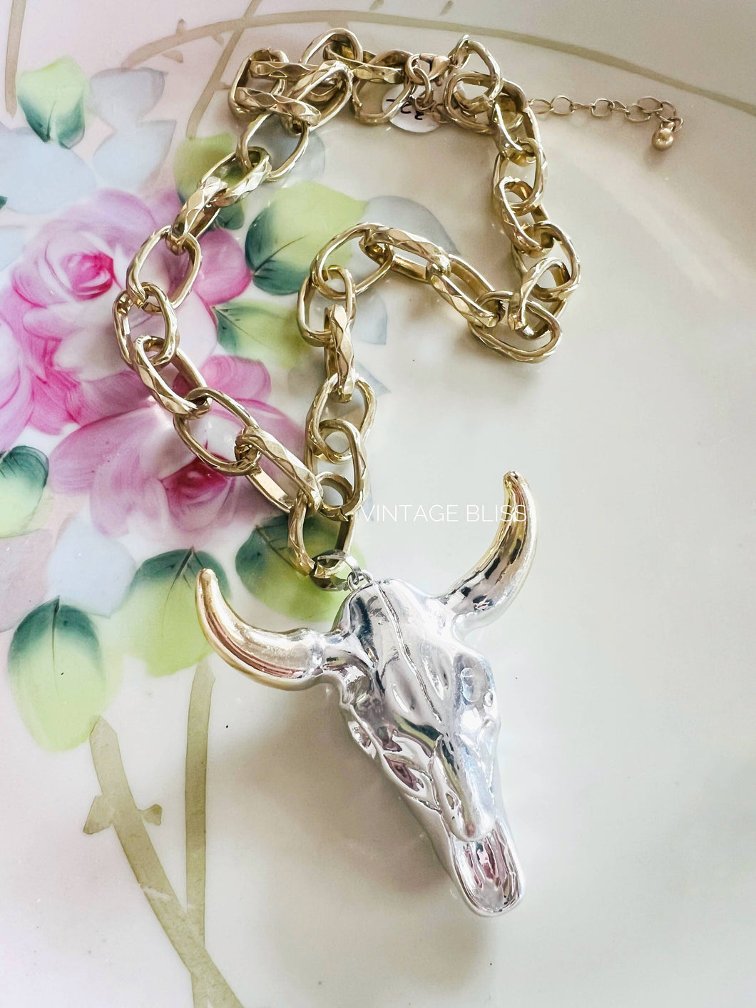 Silver Steer Head Gold Color Block Chain Necklace