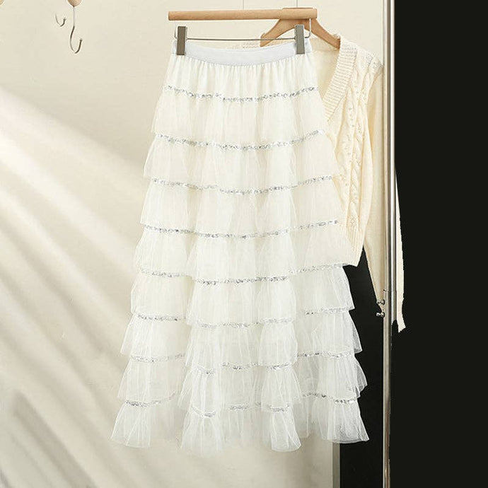 White Layered Ruffle Tulle Midi Skirt
