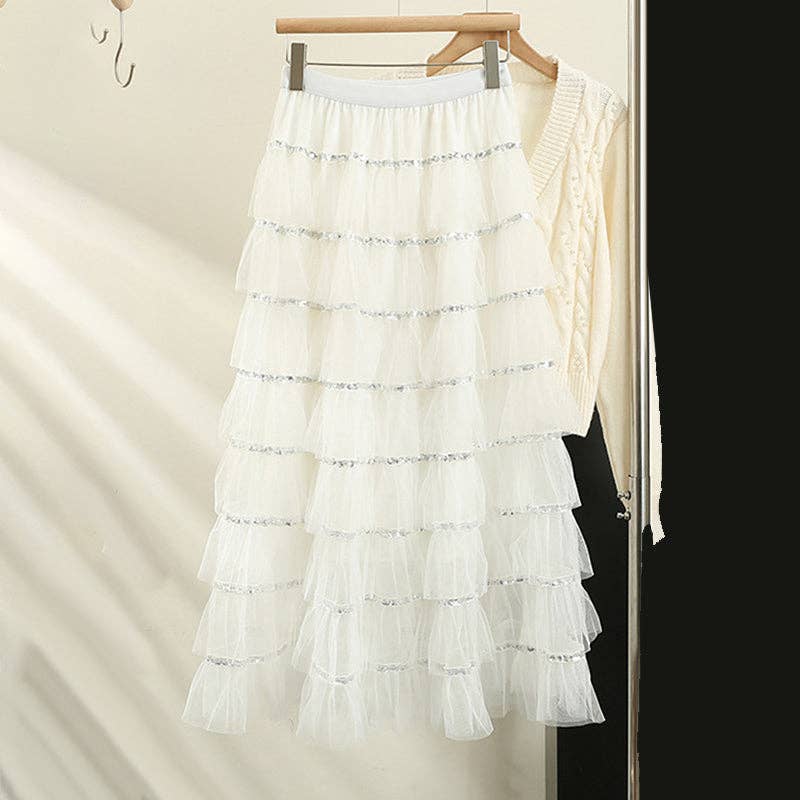 White Layered Ruffle Tulle Midi Skirt