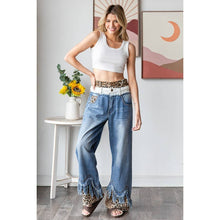 Denim Leopard Washed Doubled Waist Frayed Hem Oli+Hali Jeans