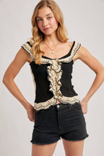 Black Combo Crochet Ruffled Knit Top