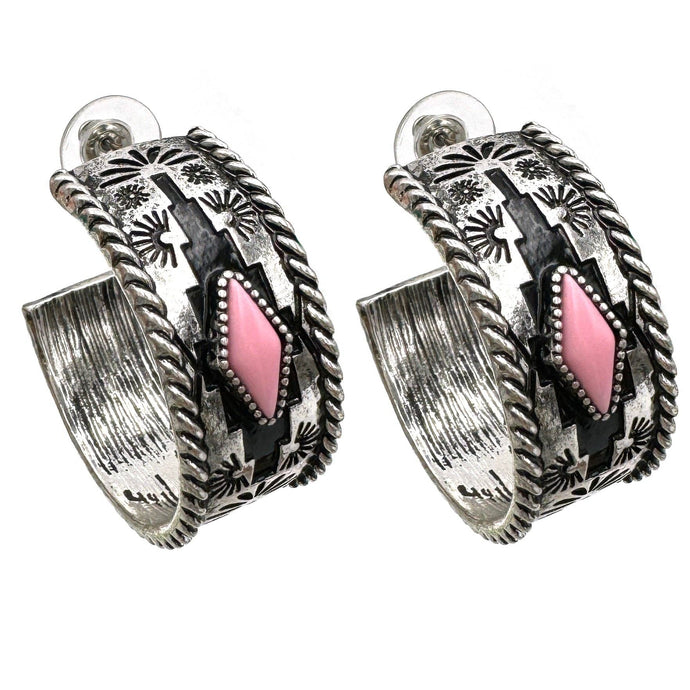 Pink Aztec Diamond C Hoop Wide Earrings: