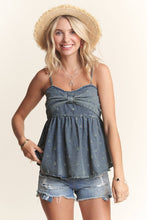 Denim Bow Accent Distressed Washed Top