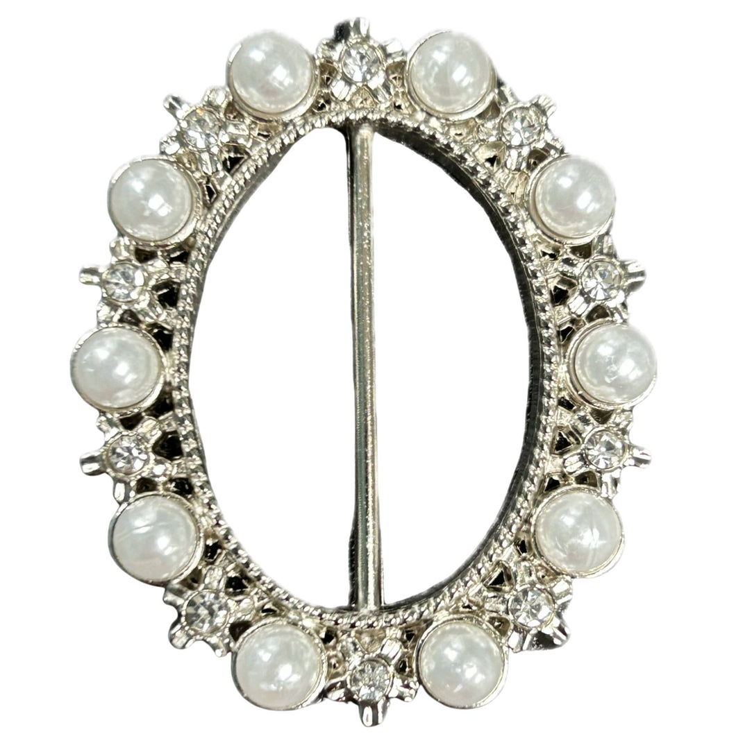 Tee Tie Silver Oval with Rhinestones and Pearls