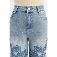 Blue Floral Lace Cutout Embellished Denim Pants