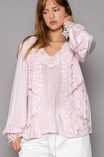 Blush Long sleeve contrast floral lace crochet detail v-neck POL top
