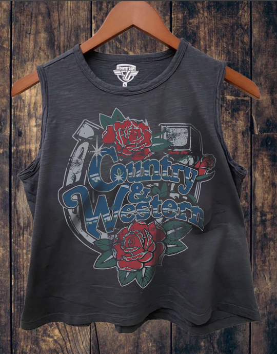 Faded Black Country & Western horseshoe Muscle Crop Top
