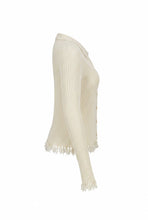Ivory Knit Long Sleeve Top with Collar and Fringe Detail