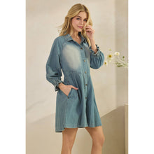 Med Wash Overfit Button Down Denim Veveret Shirt Dress