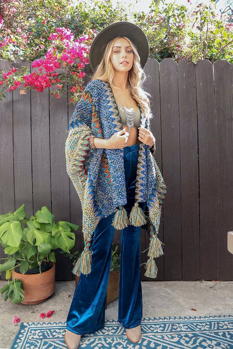 Cobalt Unique Patterned Crochet Ruana – Colorful Tassel Cardigan