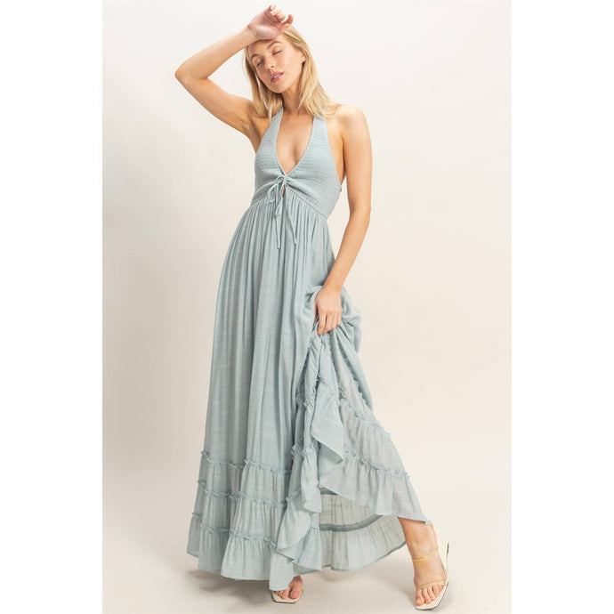 Dark Blue Halter Neck Smocked Maxi Dress