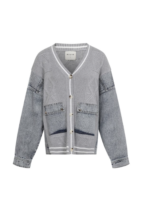 Grey Denim Knit Sweater with Denim Contrast
