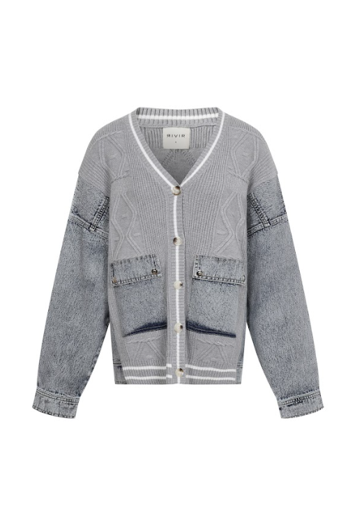 Grey Denim Knit Sweater with Denim Contrast