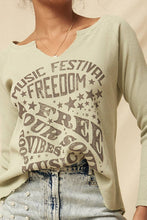 Muted Sage Vintage Washed Split-Neck Thermal Graphic Top