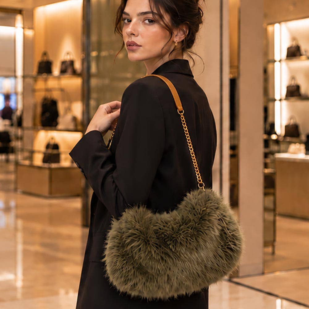Khaki Fluffy Faux Fur Chain Strap Shoulder Handbag