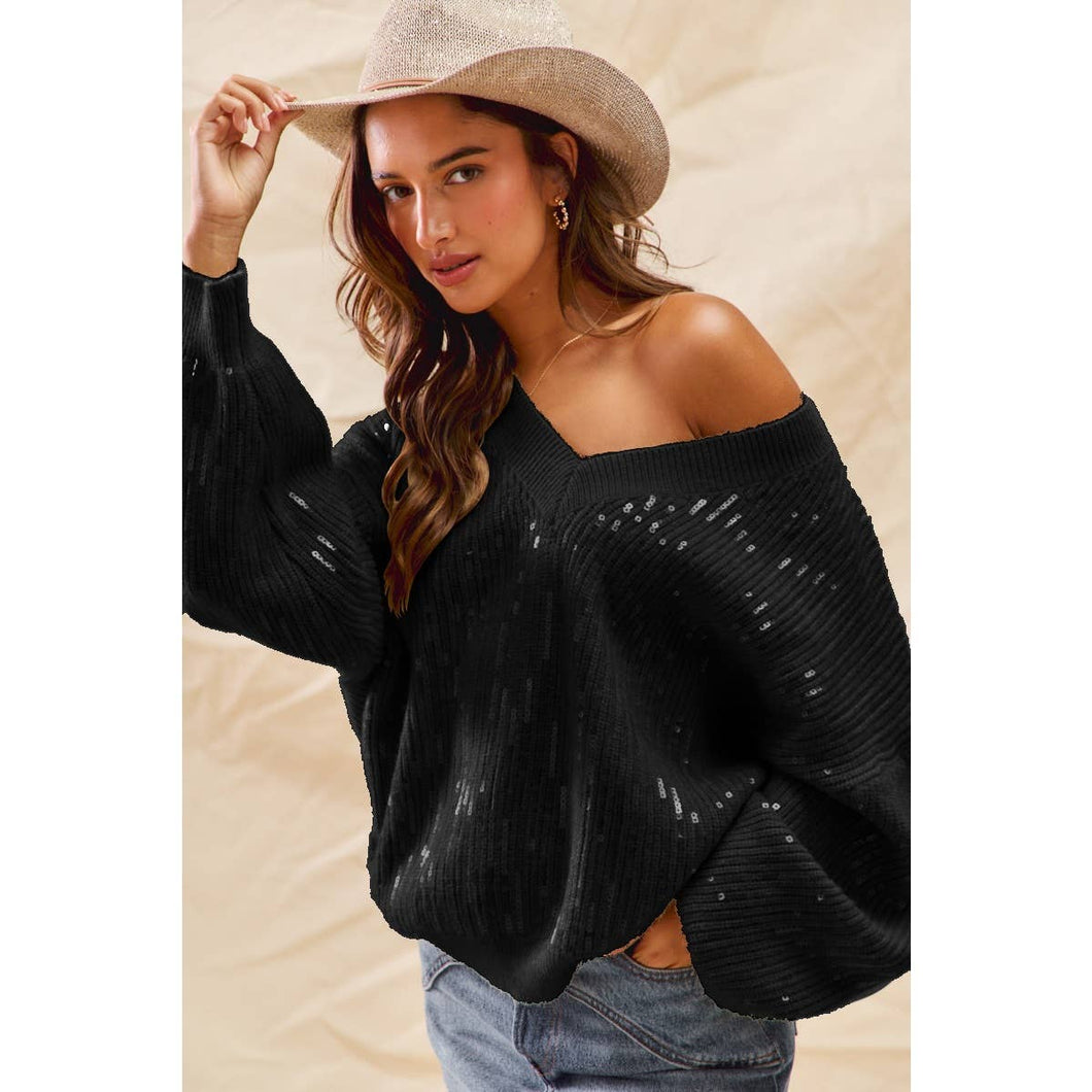 Black Christmas Sequins V Neck Sweater