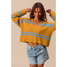 FUZZY HAIRY STRIPE DEEP U NECK SWEATER TOP: IVORY/BLACK / M