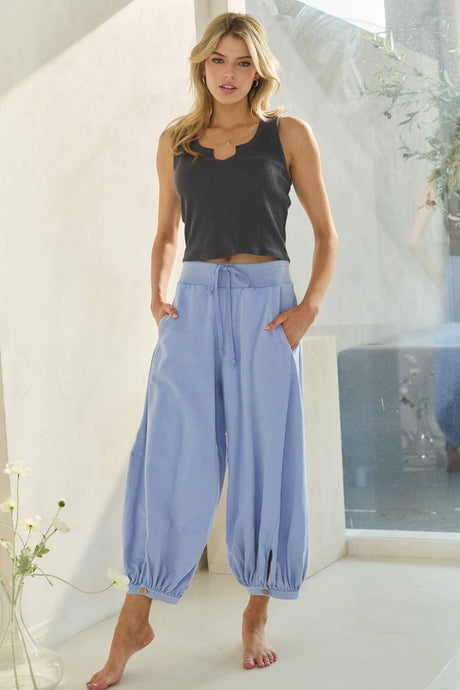 Blue Acid Washed Capri Length Bubble Pants