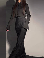 Black Bell Sleeve Top and High-Slit Sequined Maxi Skirt Set