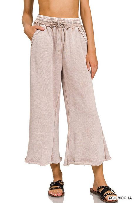 Crop Ash Mocha Acid Wash Fleece Palazzo Sweatpants With Pockets