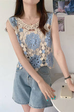 Blue Floral Crochet Sleeveless Knit Vest