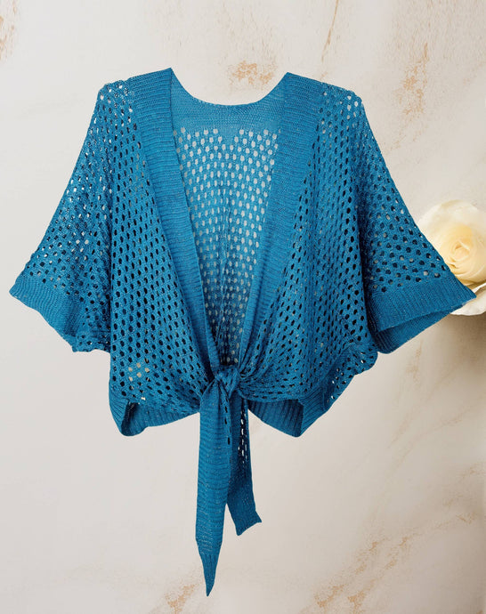 Teal Eyelet Open-Knit Metallic Cardigan with Front Tie