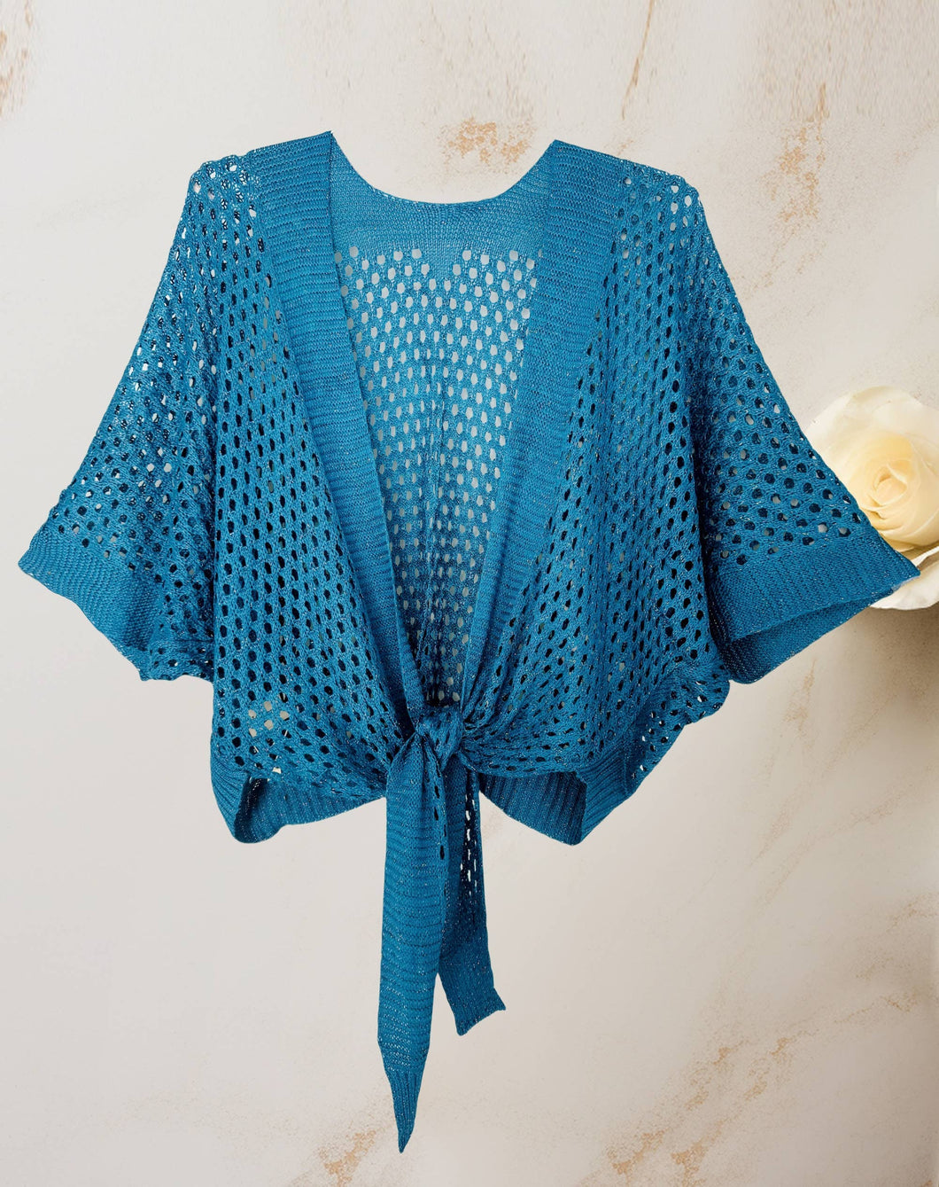 Teal Eyelet Open-Knit Metallic Cardigan with Front Tie