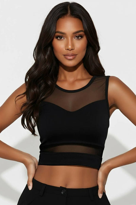 Black Sheer Mesh Panel Crop Tank Top
