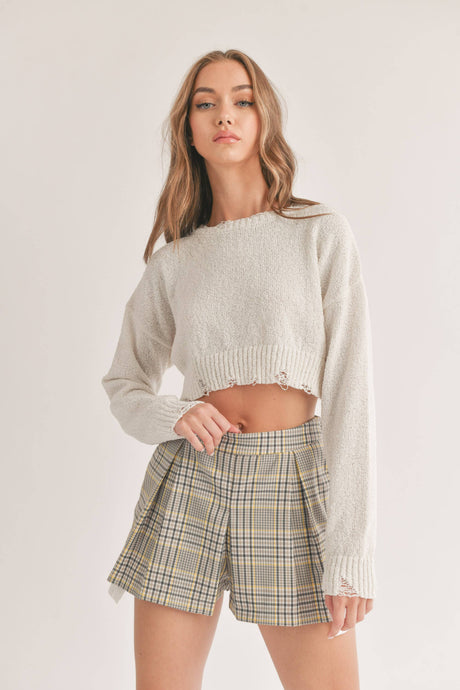 Taupe Black Yellow Plaid Pleated Shorts
