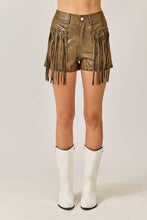 Olive Faux Leather Fringe Studded High Rise Shorts