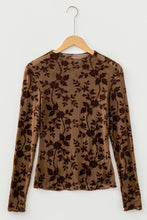 Brown Floral Print Mock Neck Sheer Mesh Long Sleeve Top