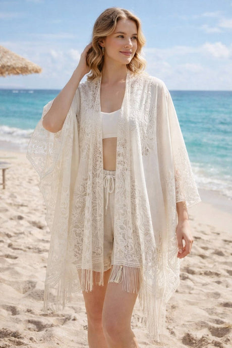 Beige Open Front Lace Floral Long Fringe Kimono Cover-Up
