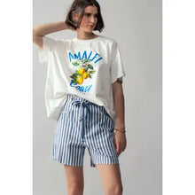 Blue Striped High-Rise Denim Shorts