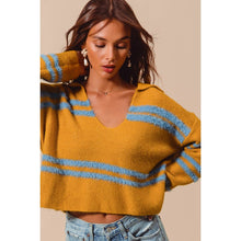 FUZZY HAIRY STRIPE DEEP U NECK SWEATER TOP: IVORY/BLACK / M
