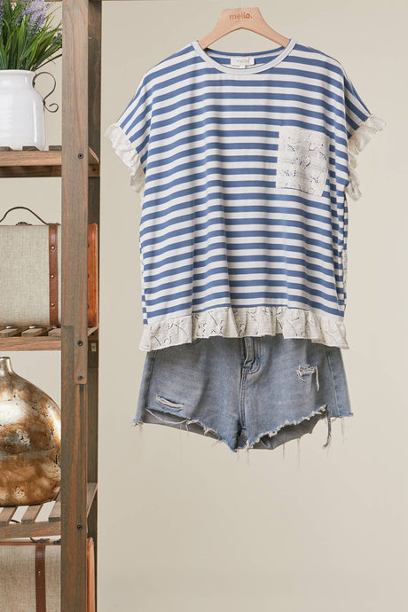 Blue Lace Trim Mello Striped Top