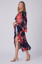 Black Coral Floral Ruffle Kimono