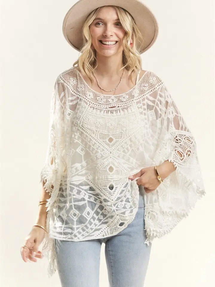 White Shoulder Boat Neck Crochet Lace Blouse