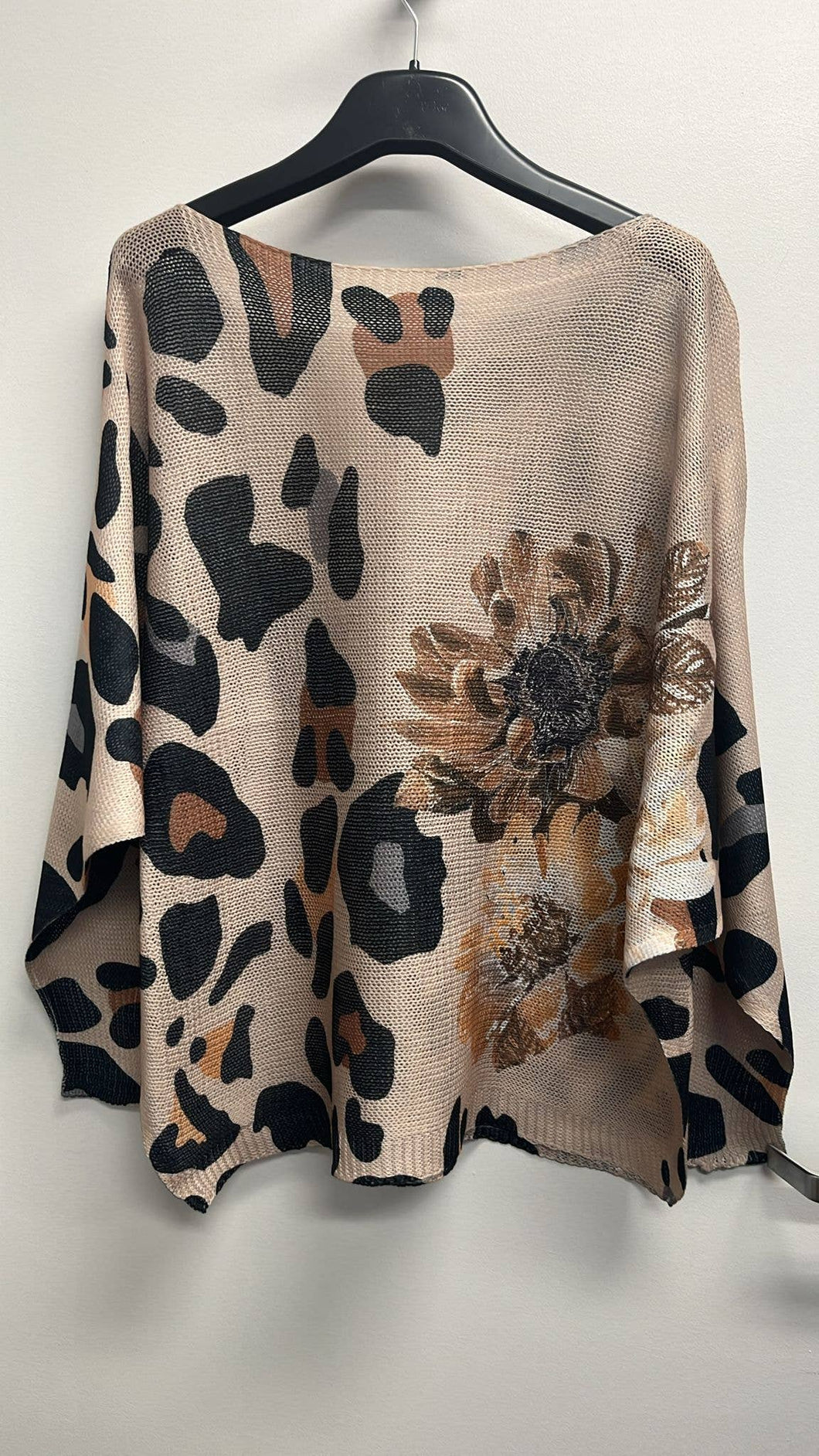 Beige Leopard Round Neck Knit Printed Sweater