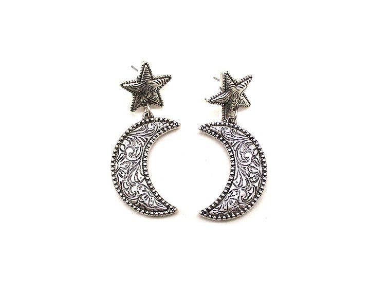 Silver Western Moon Engraved Dangle Earrings