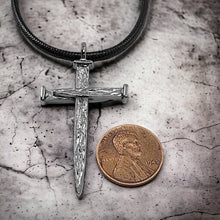 Large Rugged Nail Cross Pendant With Black Cord Necklace
