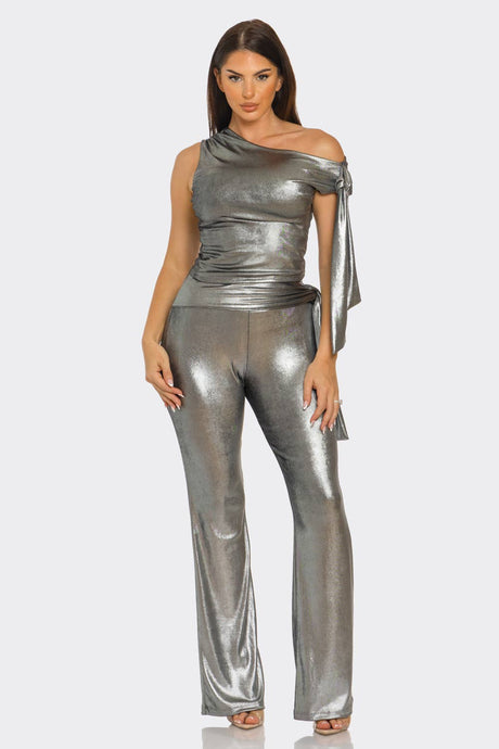 Black Asymmetrical Shoulder Shirring Tie Top & Pants Set