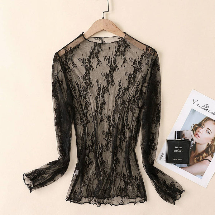 Black Sexy Mesh Blouse - Long Sleeve Lace Top