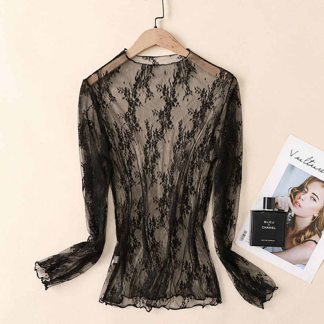 Black Sexy Mesh Blouse - Long Sleeve Lace Top