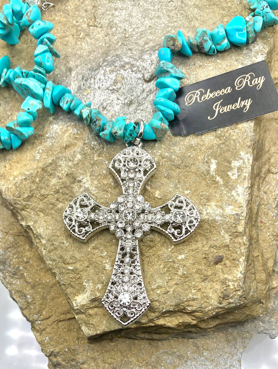 Boho Gemstone Crystal Cross Statement Necklace